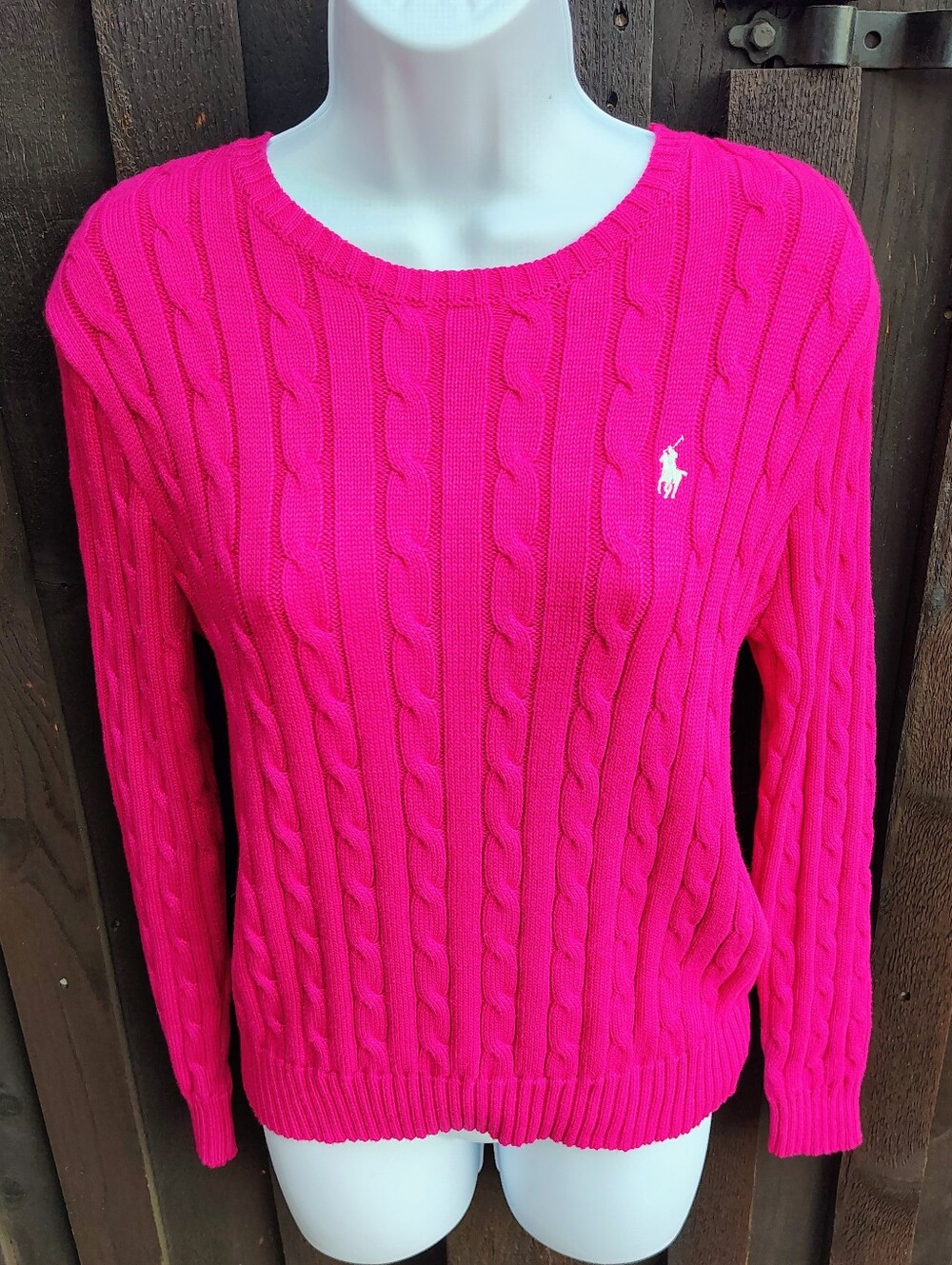Ralph Lauren Cable Knit Crew Sweater in Bright Pink